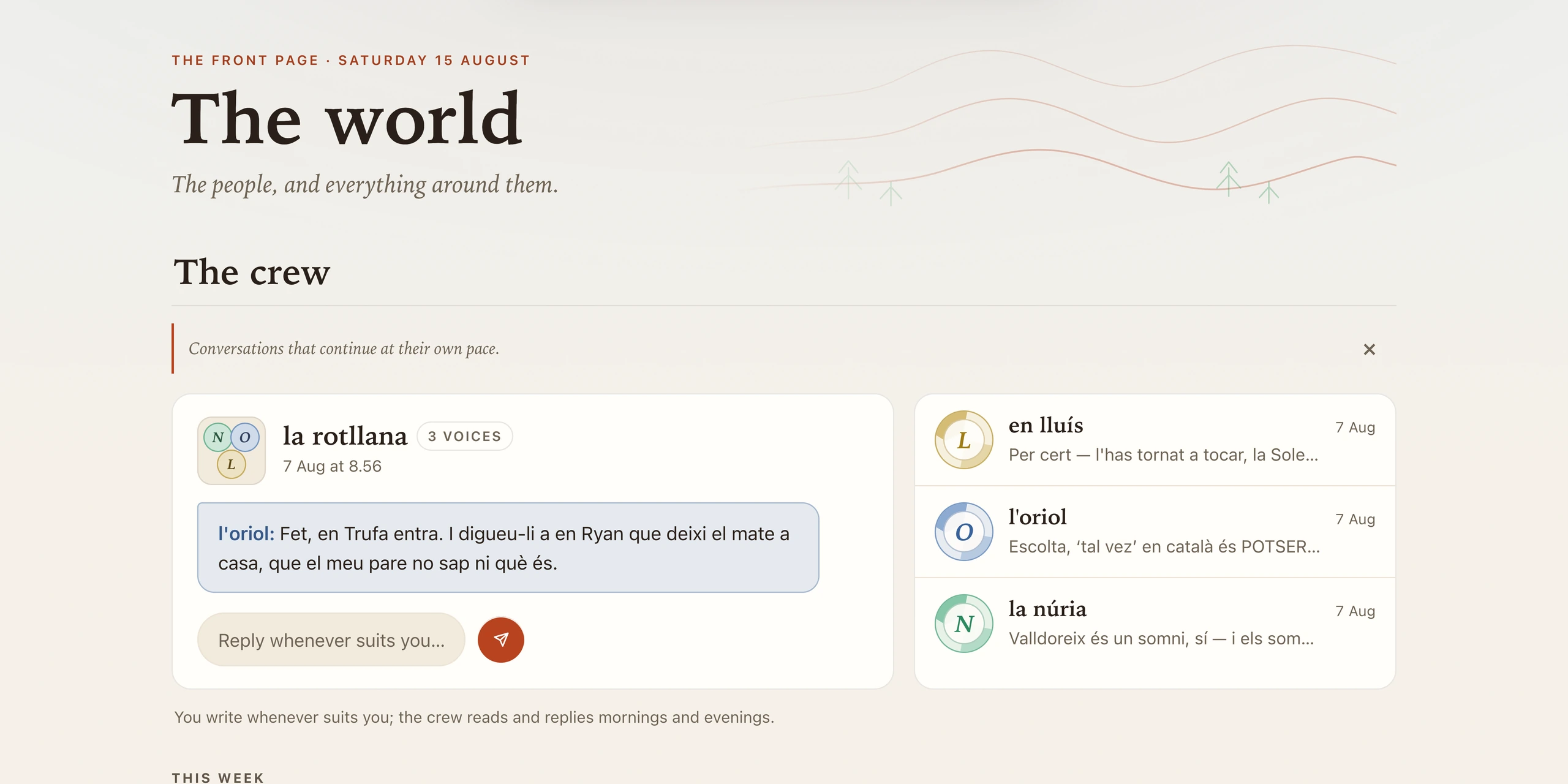 Ryan's populated Mica World, with a group conversation open and three individual threads waiting.